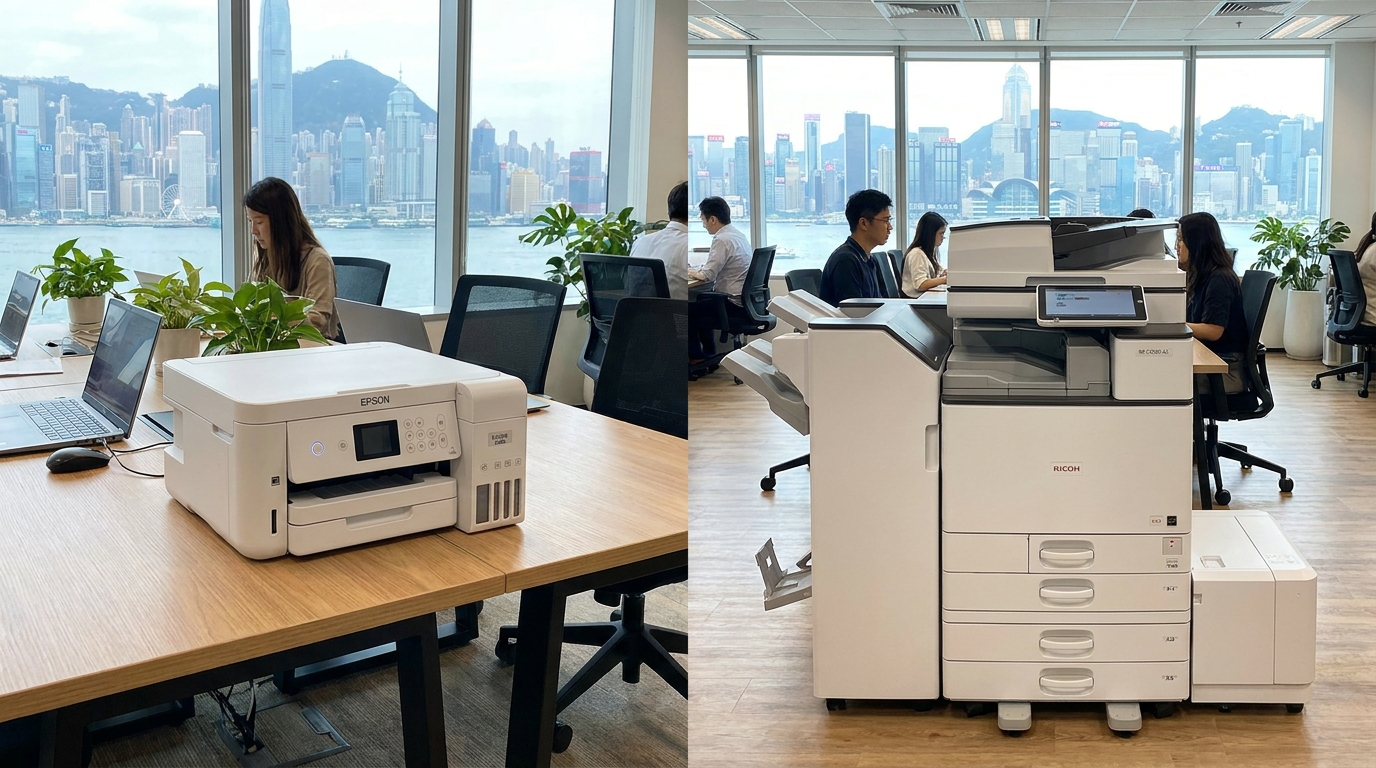 A side-by-side comparison of a compact A4 desktop printer and a large floor-standing A3 multifunction copier in a modern, well-lit Hong Kong office setting