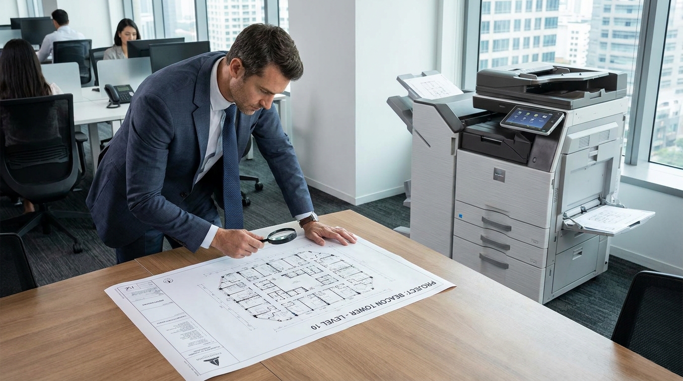 A business professional reviewing a large A3 architectural floor plan printed from a high-end floor-standing multifunction copier in a corporate office