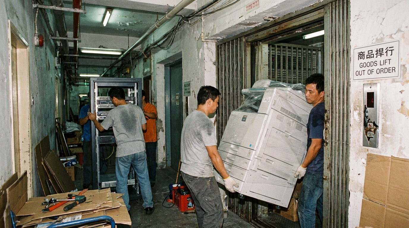 A narrow hallway and passenger lift in an older Hong Kong industrial building, illustrating the logistical challenge of delivering large office equipment