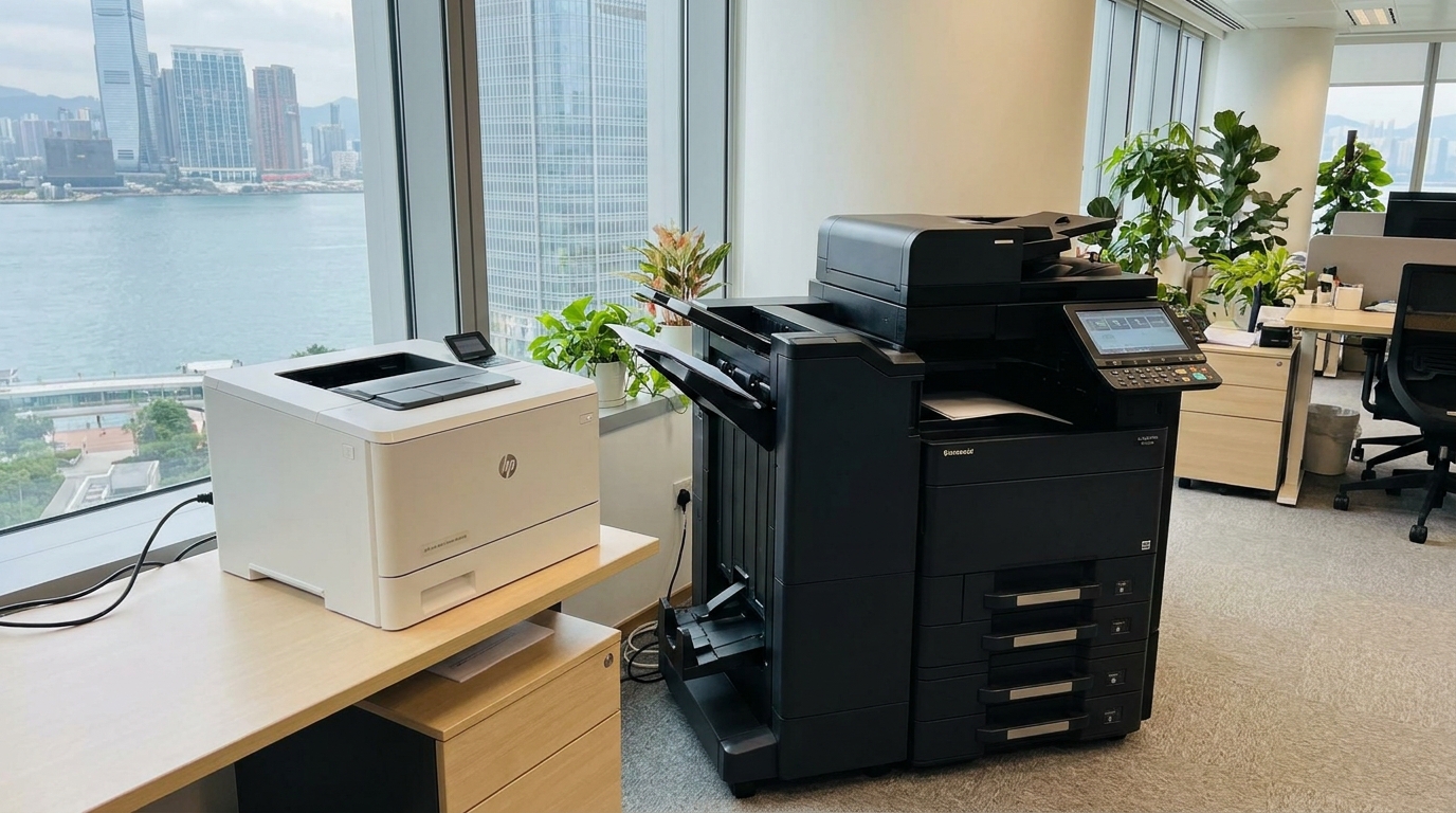 A side-by-side comparison of a compact A4 desktop printer and a large floor-standing A3 multifunction copier in a modern, well-lit Hong Kong office setting
