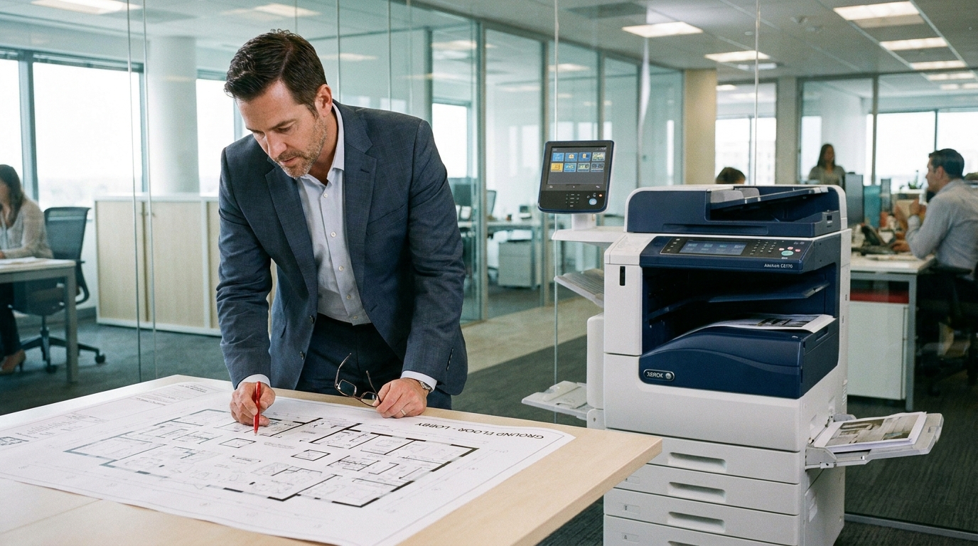 A business professional reviewing a large A3 architectural floor plan printed from a high-end floor-standing multifunction copier in a corporate office