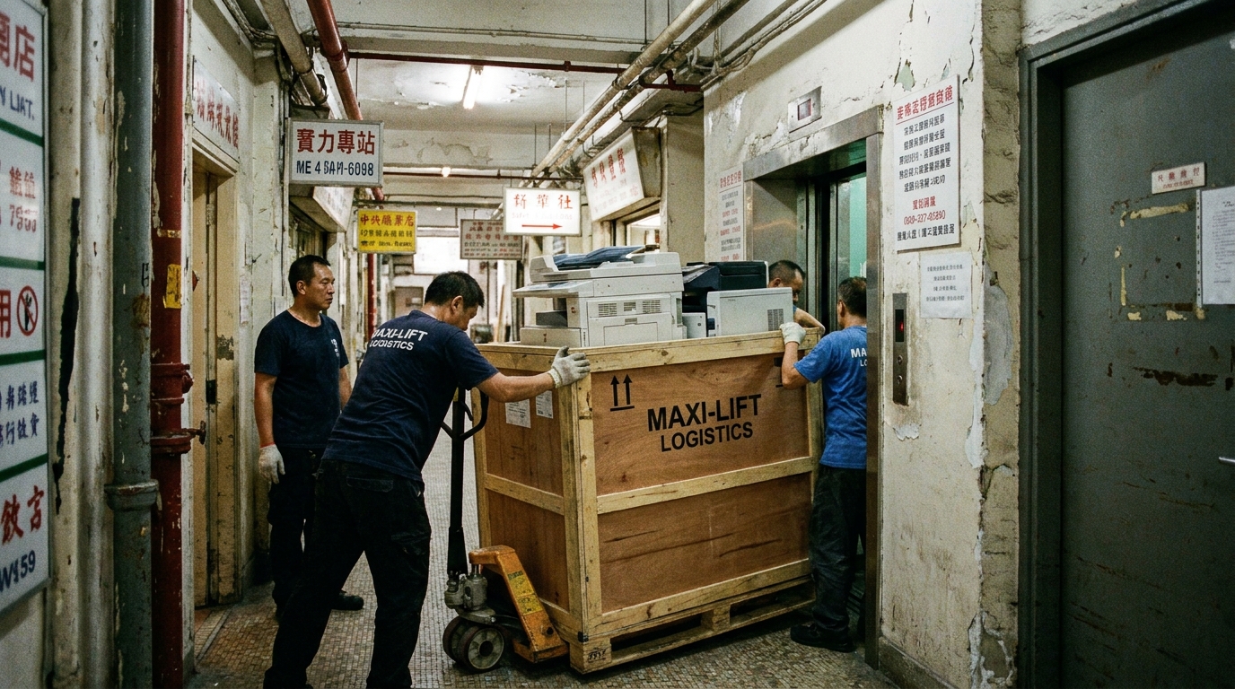 A narrow hallway and passenger lift in an older Hong Kong industrial building, illustrating the logistical challenge of delivering large office equipment