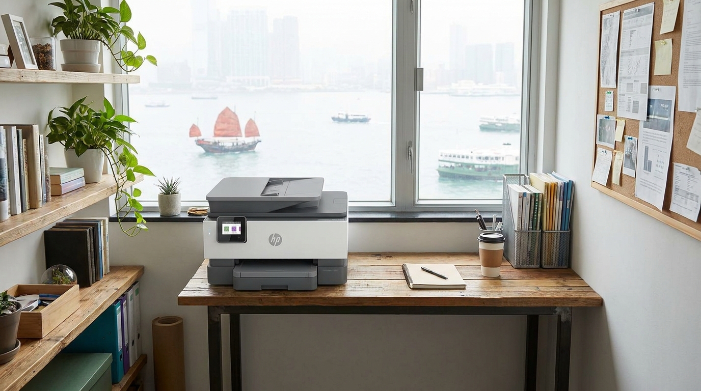 A modern, compact multifunction printer sitting neatly on a narrow wooden desk in a small, well-lit Hong Kong office space with Victoria Harbour faintly visible through the window