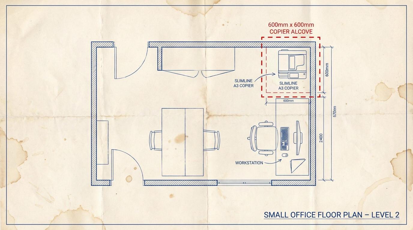 A top-down view of a small office floor plan blueprint, highlighting a tiny 600mm by 600mm corner space perfectly fitting a slimline A3 floor-standing copier next to a workstation