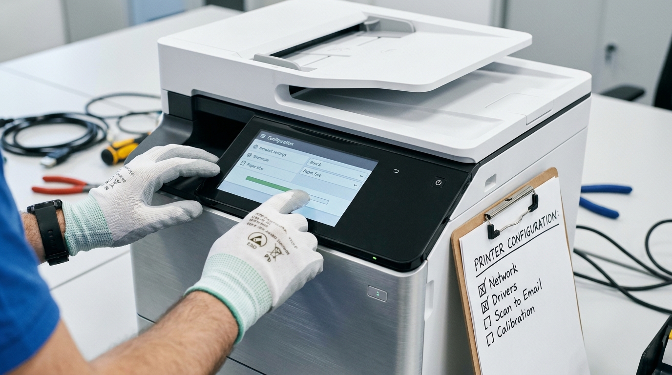 A close-up of a technician's hands configuring the touchscreen of a sleek, space-saving multifunction printer, with a checklist clipboard resting on the side