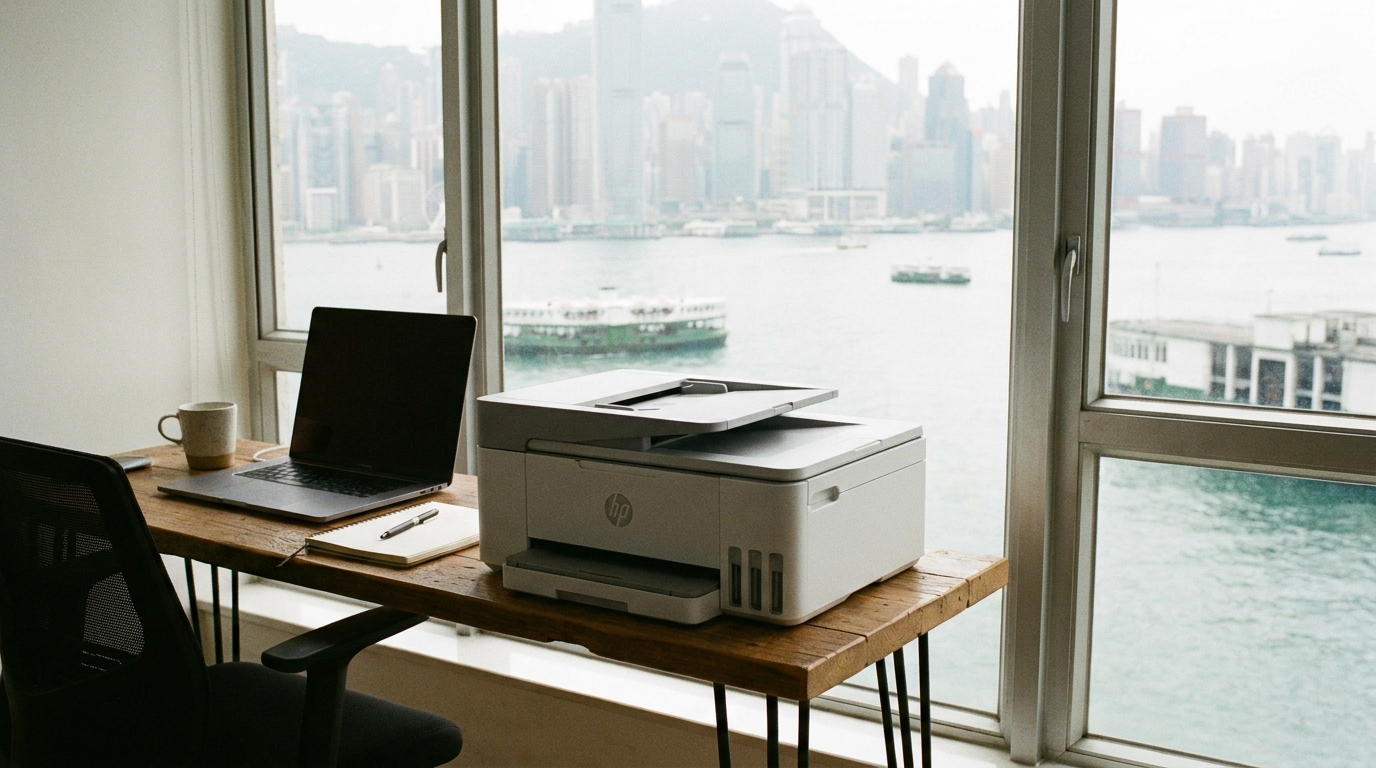 A modern, compact multifunction printer sitting neatly on a narrow wooden desk in a small, well-lit Hong Kong office space with Victoria Harbour faintly visible through the window