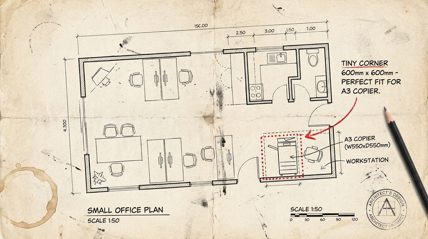 A top-down view of a small office floor plan blueprint, highlighting a tiny 600mm by 600mm corner space perfectly fitting a slimline A3 floor-standing copier next to a workstation