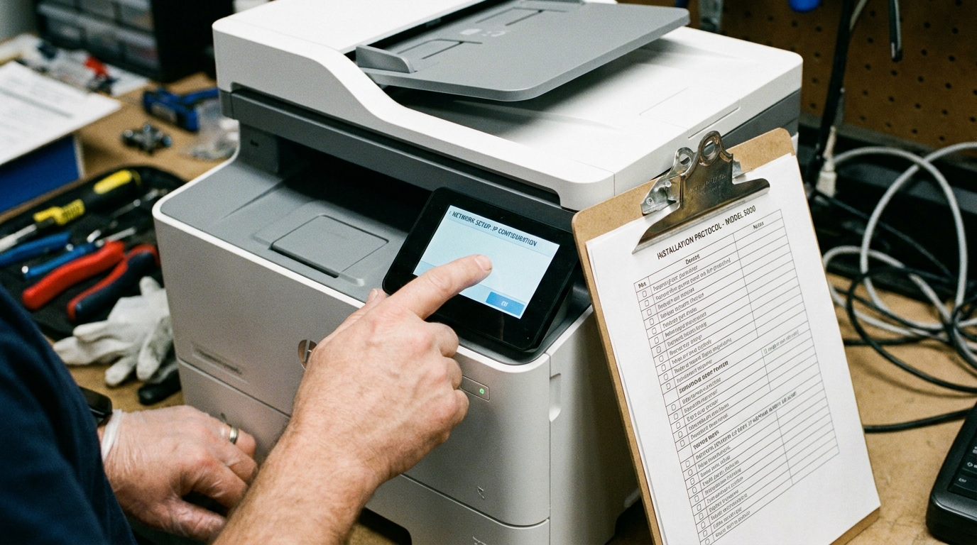 A close-up of a technician's hands configuring the touchscreen of a sleek, space-saving multifunction printer, with a checklist clipboard resting on the side