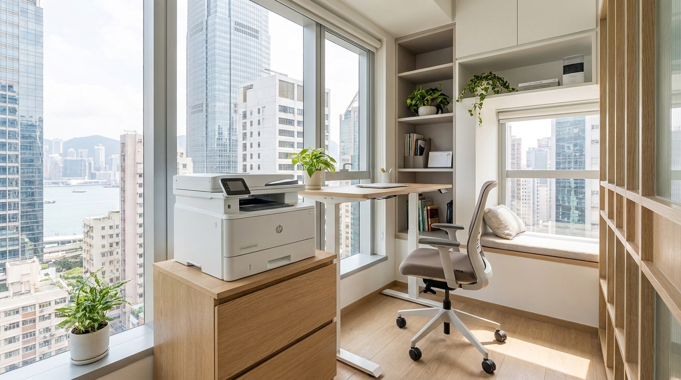 A bright, modern, but very small Hong Kong office space under 500 sq ft, showing a sleek, compact desktop multifunction printer sitting neatly on a wooden filing cabinet next to a window with a city view.