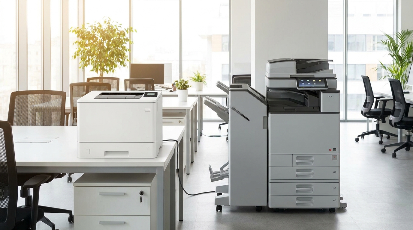 A side-by-side comparison of a compact A4 desktop laser printer and a slim A3 floor-standing copier, placed in a well-lit office setting to demonstrate the difference in physical footprint.