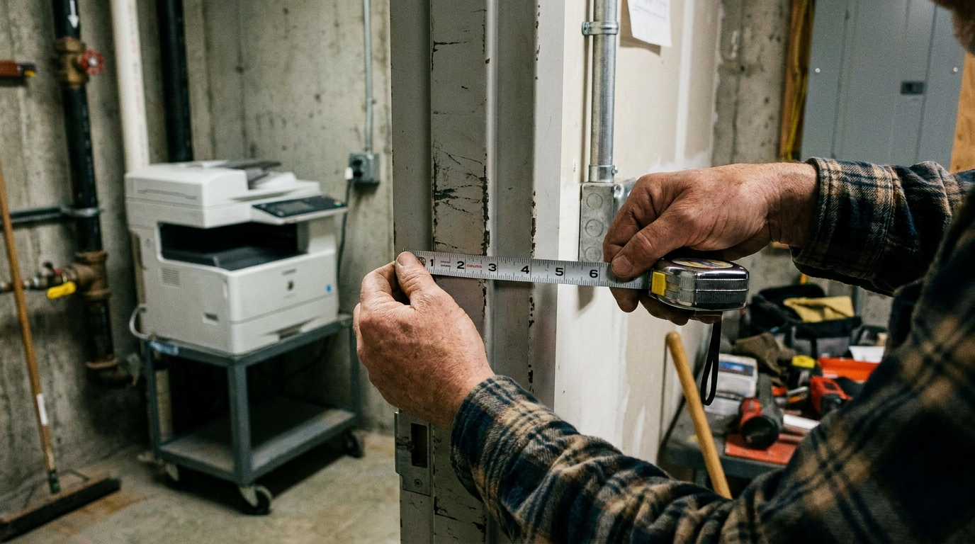 A close-up of a person using a measuring tape to measure the width of a narrow office doorway in an industrial building, with a compact copier waiting on a trolley in the background.