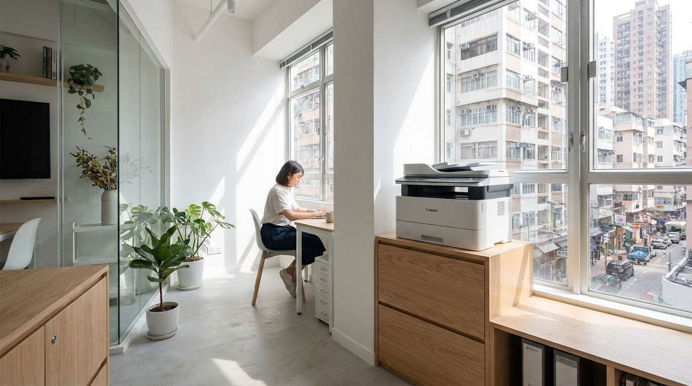 A bright, modern, but very small Hong Kong office space under 500 sq ft, showing a sleek, compact desktop multifunction printer sitting neatly on a wooden filing cabinet next to a window with a city view.