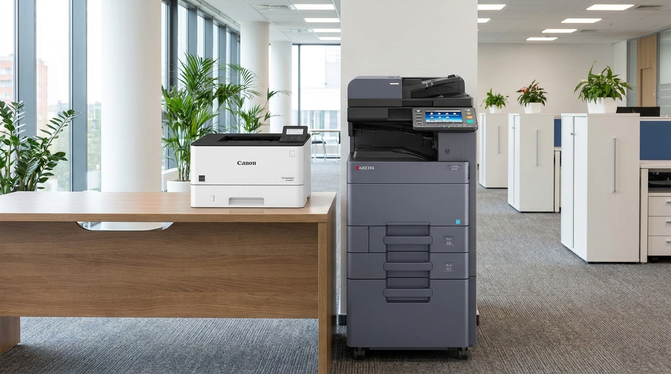 A side-by-side comparison of a compact A4 desktop laser printer and a slim A3 floor-standing copier, placed in a well-lit office setting to demonstrate the difference in physical footprint.
