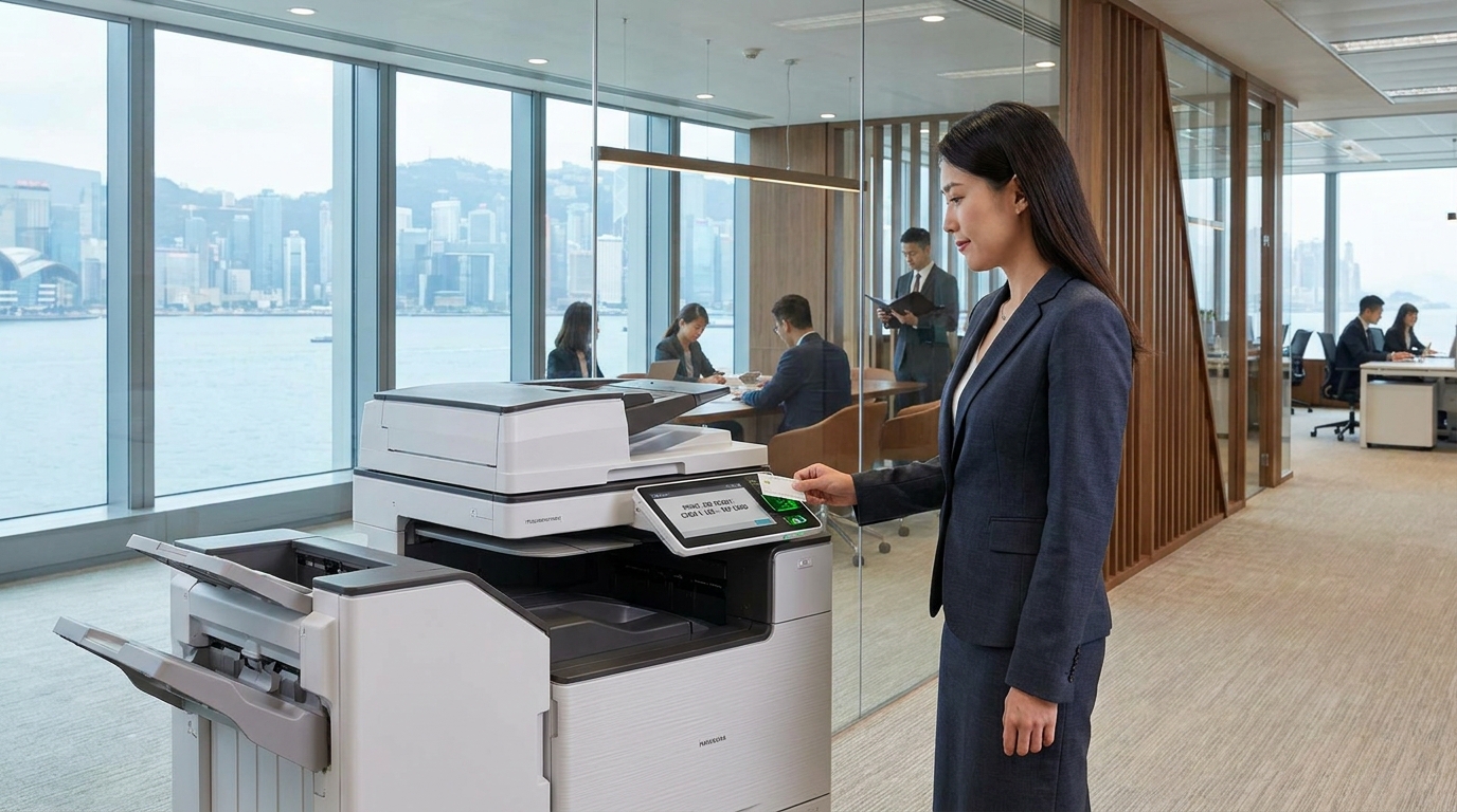 A modern multifunction copier in a sleek Hong Kong law firm office, with a lawyer tapping a smart card on the card reader to release a print job