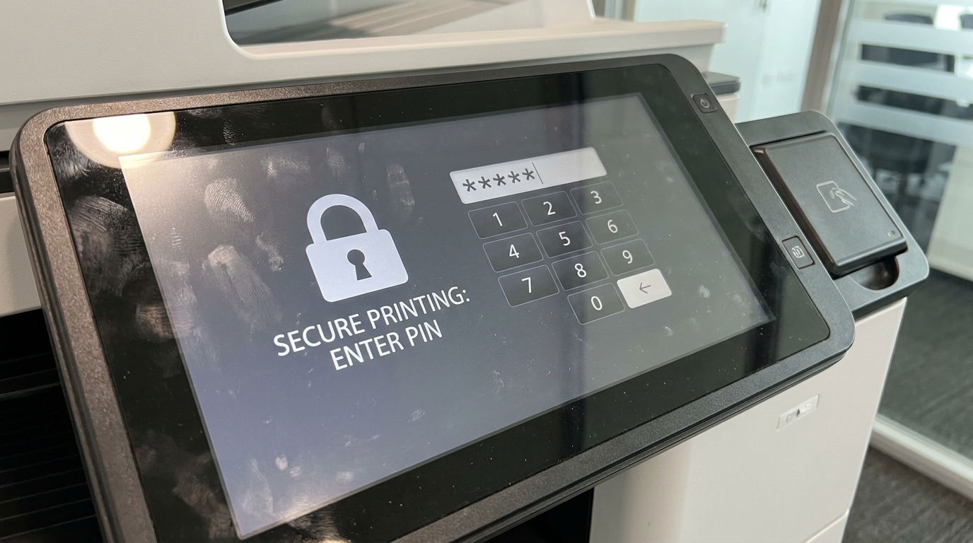 A close-up of a copier touchscreen displaying a secure PIN code entry pad with a lock icon, emphasizing data protection