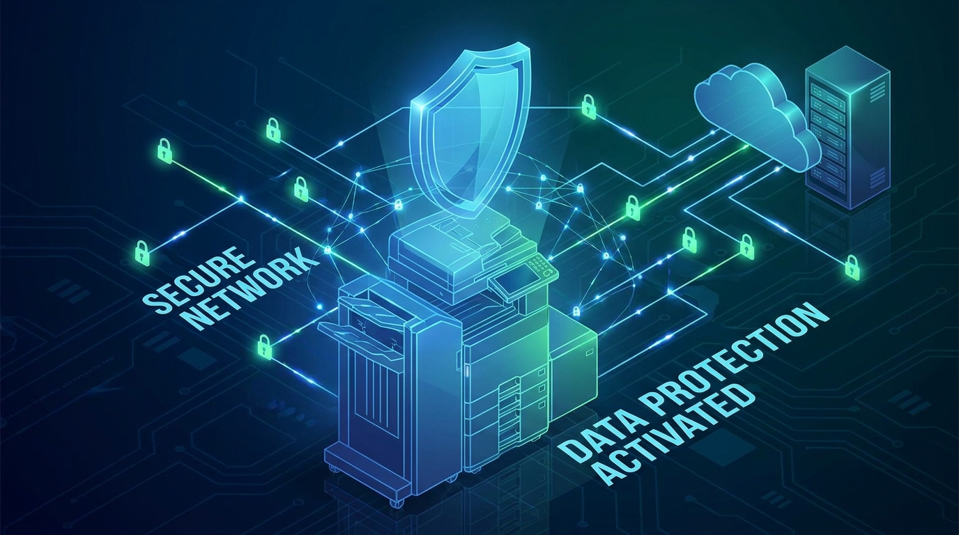A conceptual digital illustration showing a glowing shield over a modern office copier, connected to a secure network with padlock icons