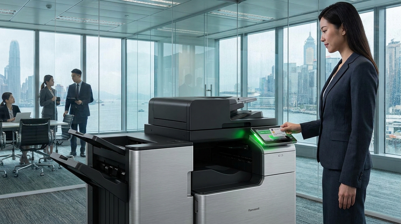 A modern multifunction copier in a sleek Hong Kong law firm office, with a lawyer tapping a smart card on the card reader to release a print job