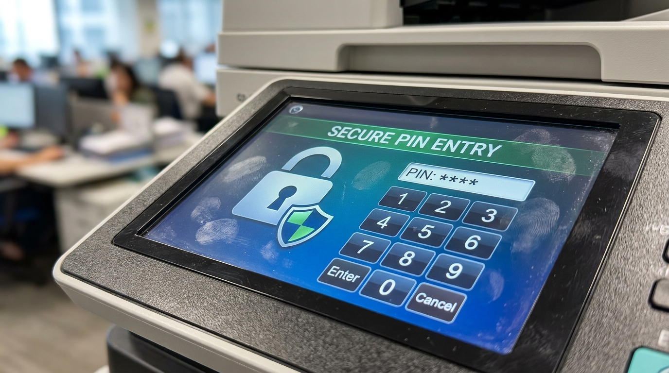 A close-up of a copier touchscreen displaying a secure PIN code entry pad with a lock icon, emphasizing data protection
