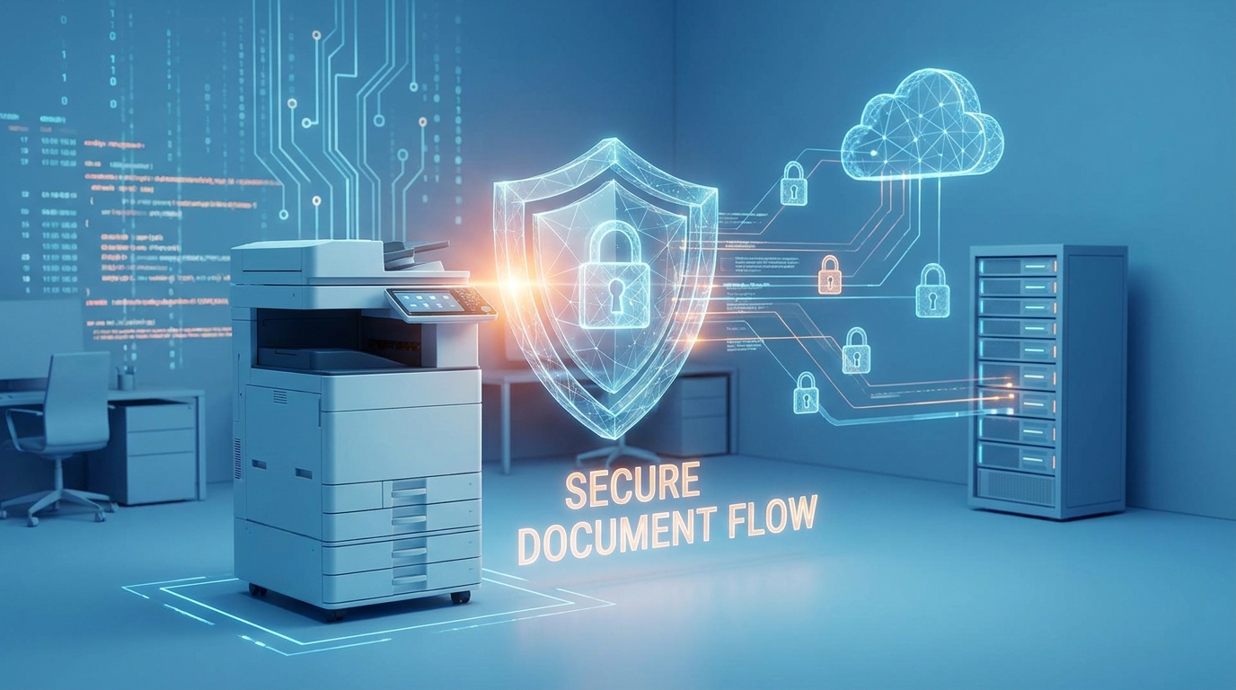 A conceptual digital illustration showing a glowing shield over a modern office copier, connected to a secure network with padlock icons
