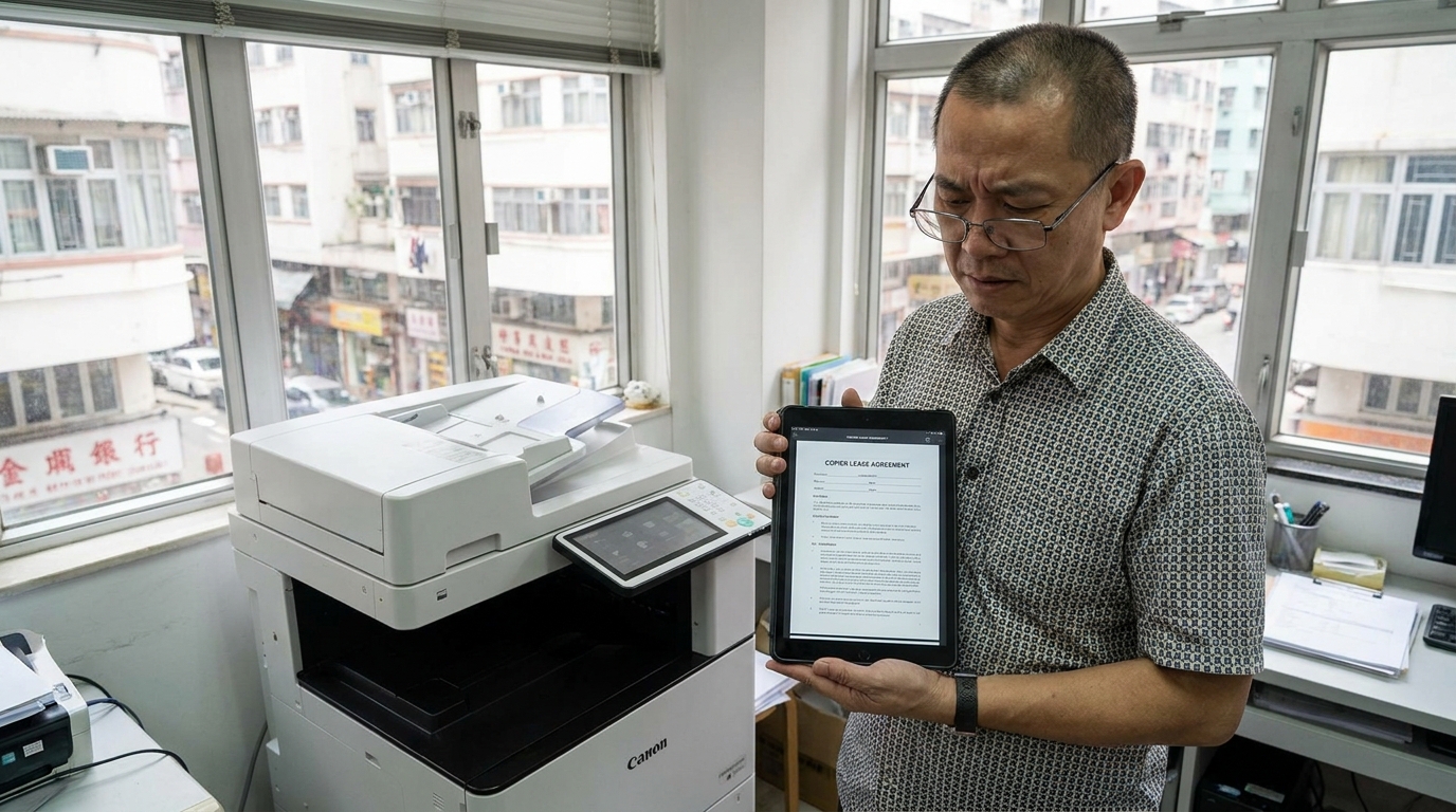 A Hong Kong IT manager reviewing a copier lease contract on a tablet while standing next to a modern multifunction printer in a compact, well-lit office space