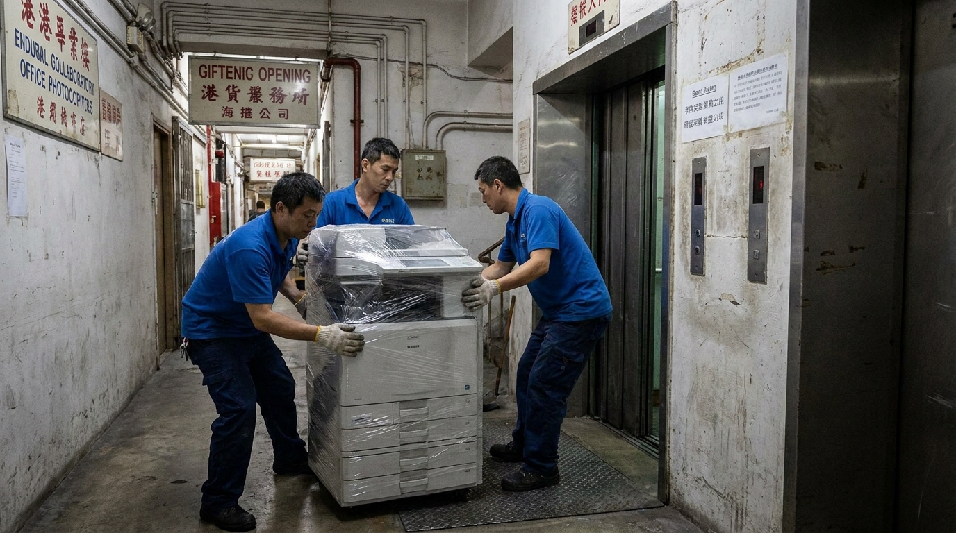 A delivery team carefully moving a large office copier onto a cargo lift in a typical Hong Kong industrial building