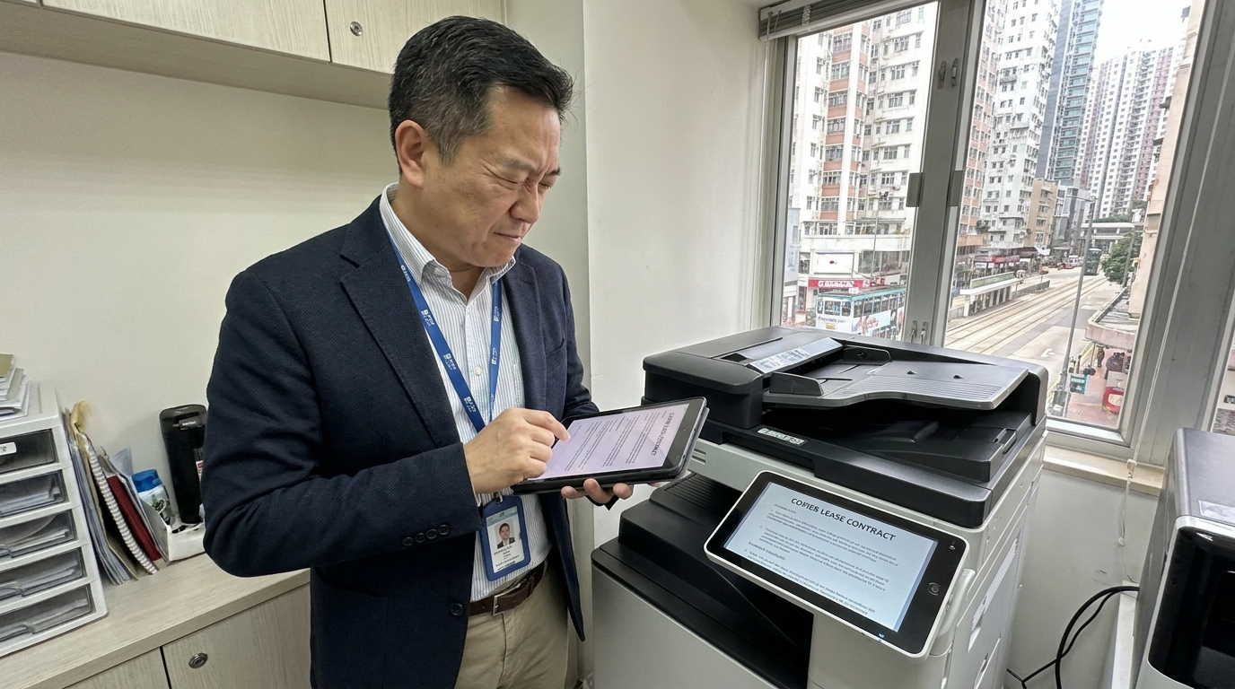 A Hong Kong IT manager reviewing a copier lease contract on a tablet while standing next to a modern multifunction printer in a compact, well-lit office space