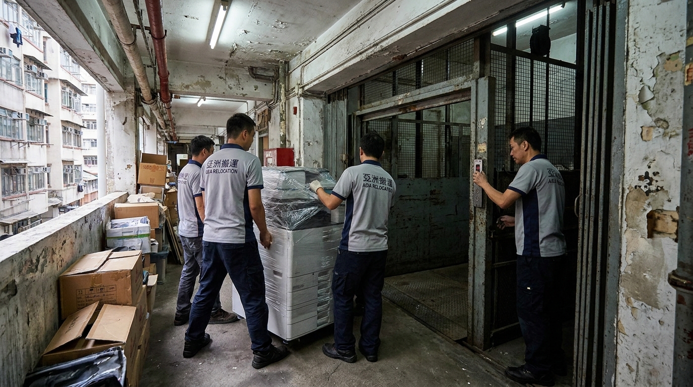 A delivery team carefully moving a large office copier onto a cargo lift in a typical Hong Kong industrial building