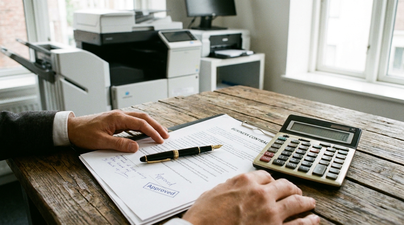 A close-up of a business contract being reviewed on a wooden desk with a pen and a calculator, next to a blurred modern office copier in the background