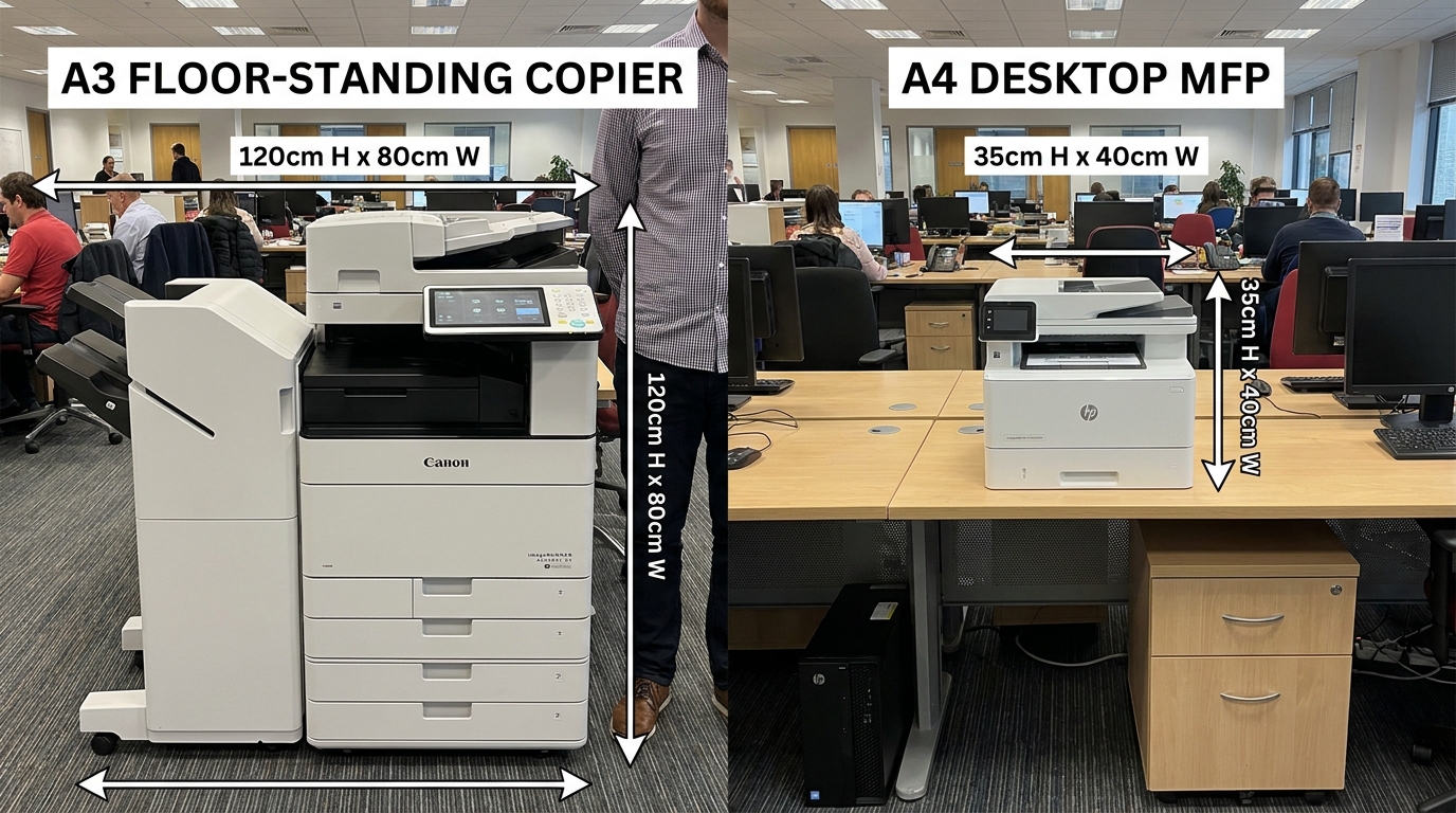 A side-by-side visual comparison of a large A3 floor-standing copier and a smaller A4 desktop multifunction printer, highlighting the size difference for office space planning