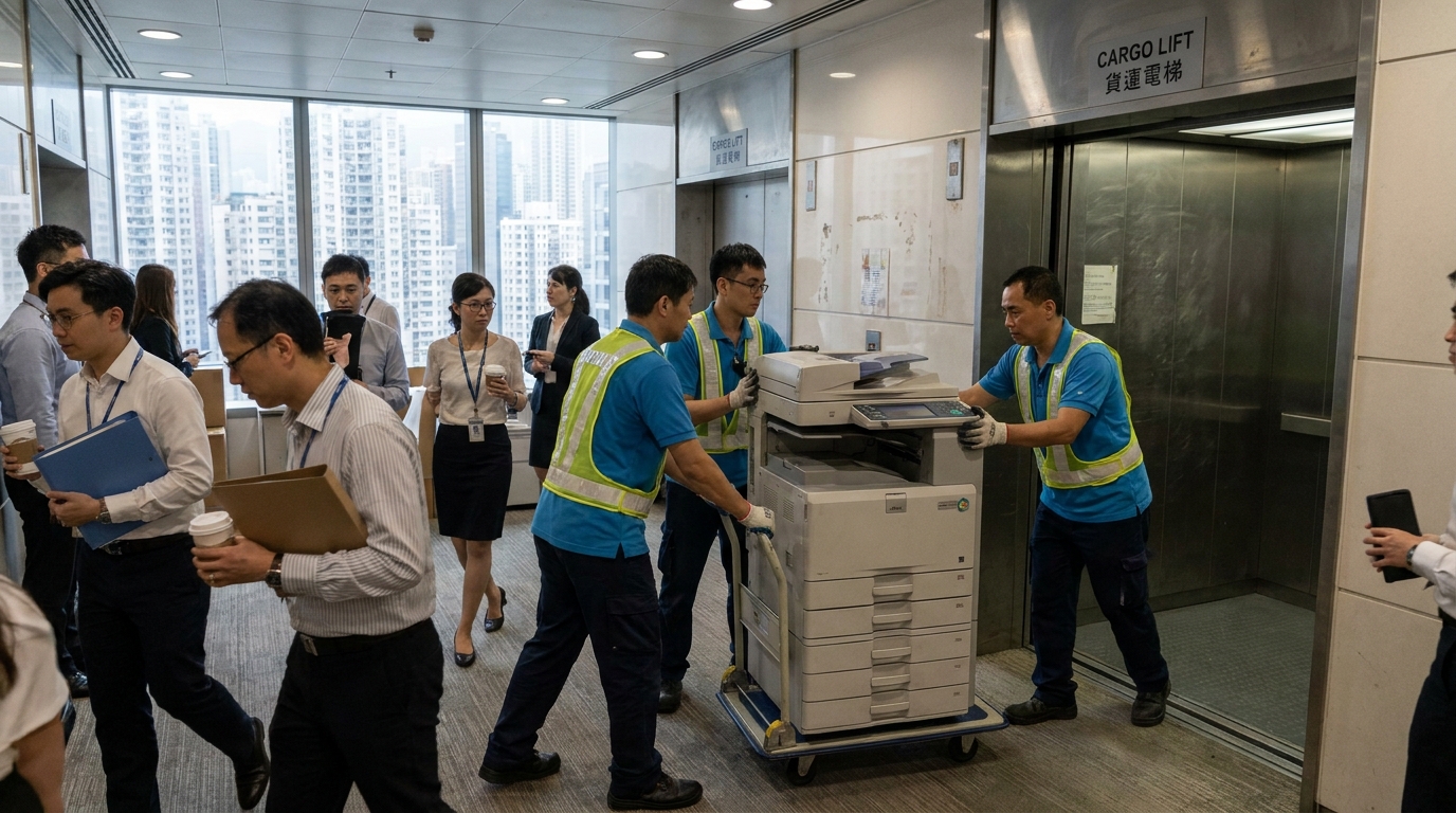 A busy Hong Kong office corridor showing a professional logistics team carefully moving a large office copier onto a cargo lift