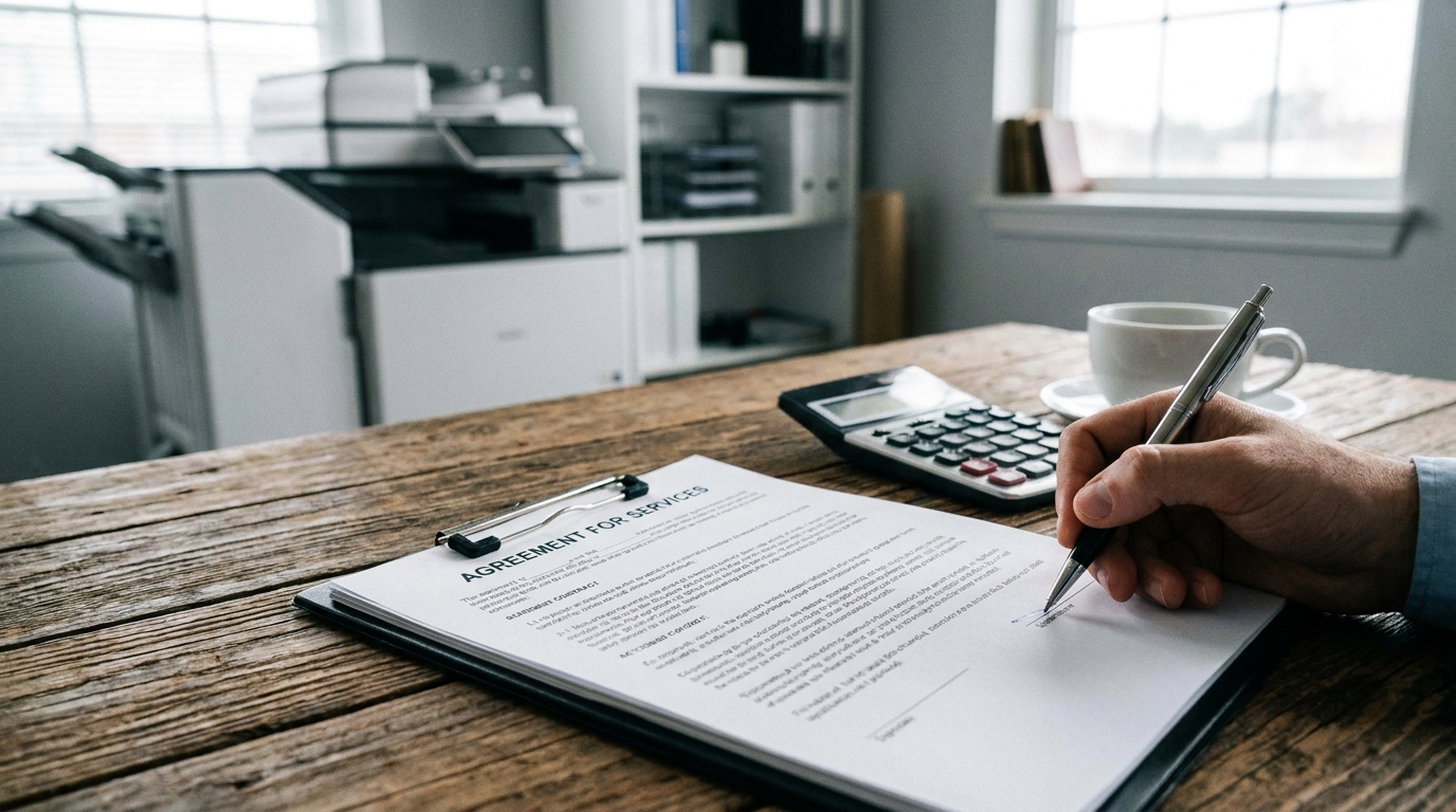 A close-up of a business contract being reviewed on a wooden desk with a pen and a calculator, next to a blurred modern office copier in the background