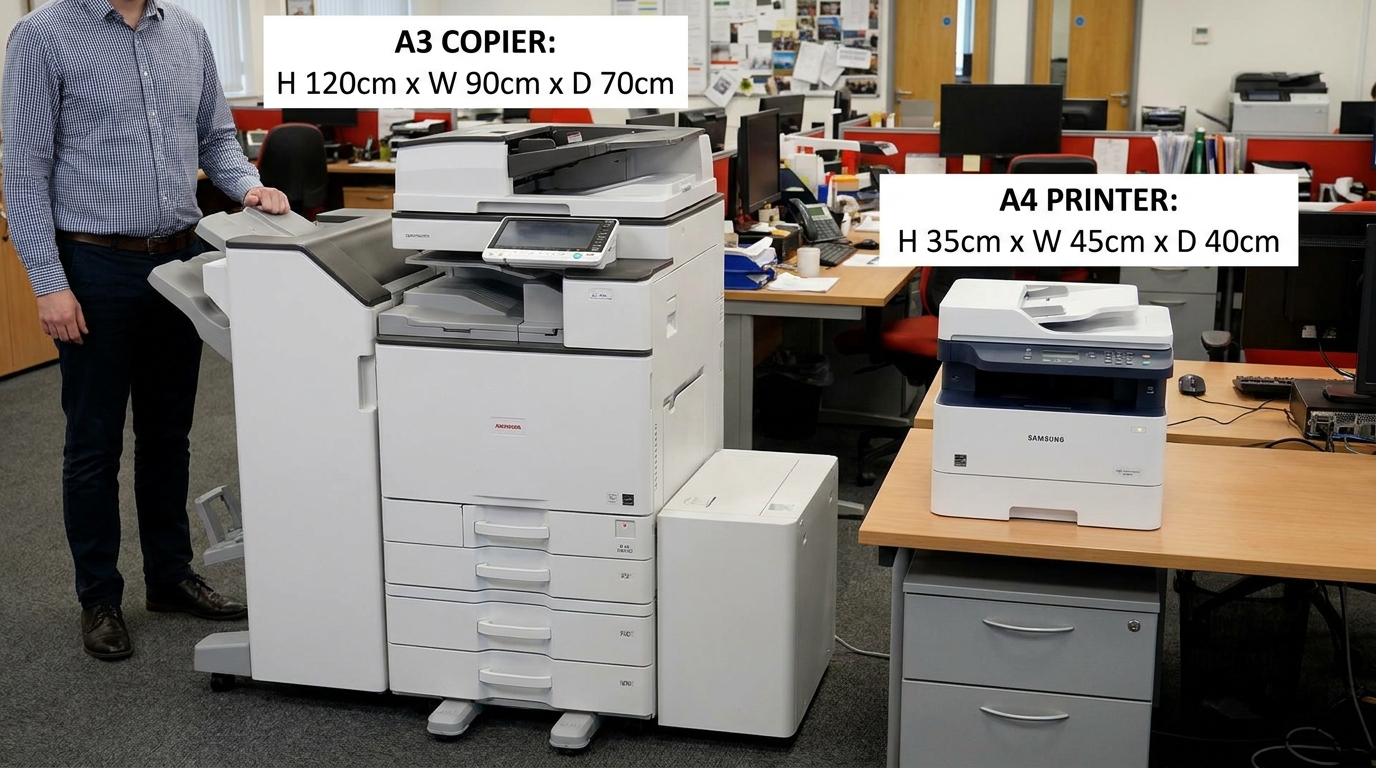 A side-by-side visual comparison of a large A3 floor-standing copier and a smaller A4 desktop multifunction printer, highlighting the size difference for office space planning