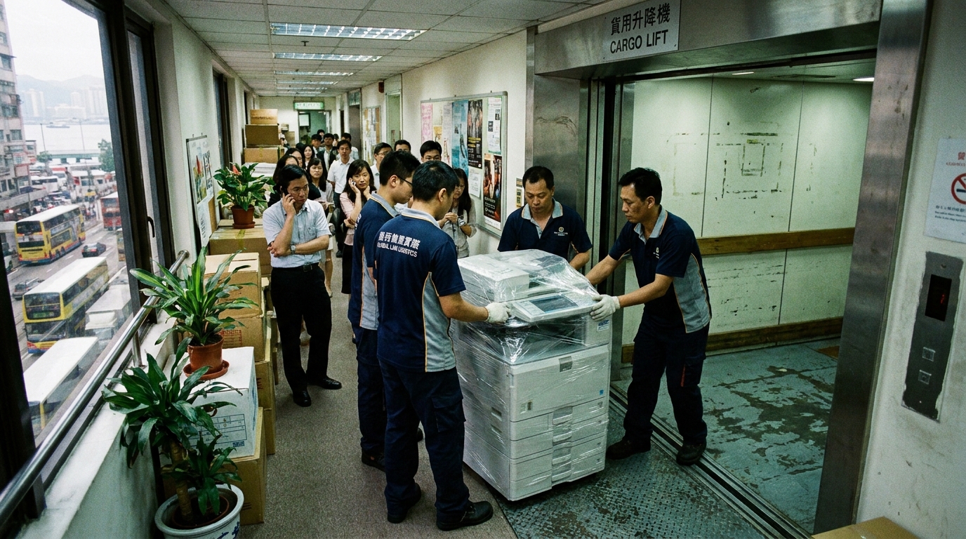 A busy Hong Kong office corridor showing a professional logistics team carefully moving a large office copier onto a cargo lift