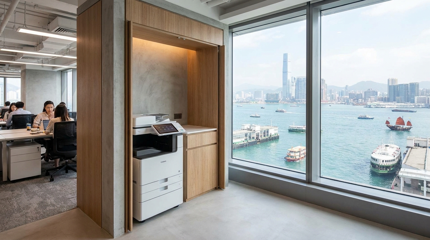 A modern Hong Kong office interior showing a sleek multifunction copier tucked efficiently into a compact corner space, with a panoramic view of Victoria Harbour out the window