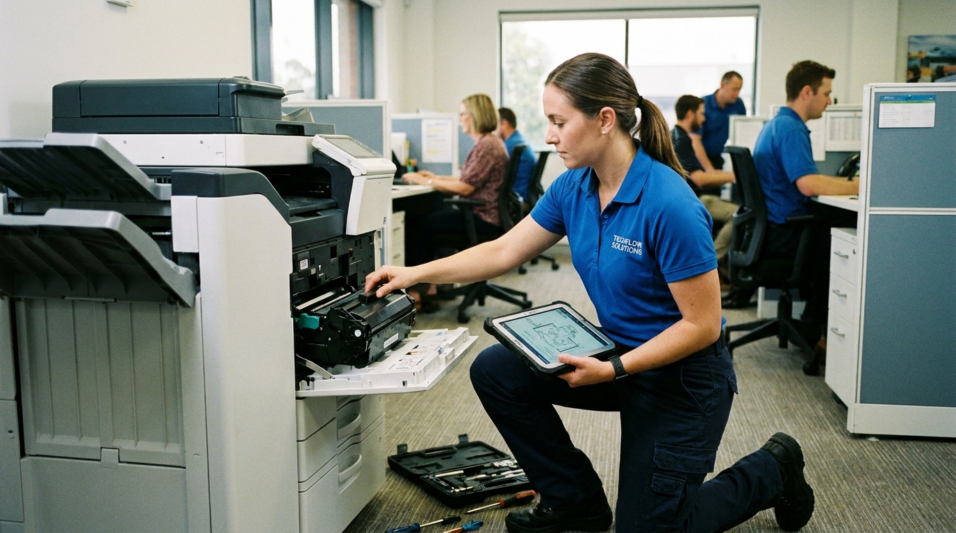 A professional IT technician in a uniform repairing a large office printer, replacing the toner cartridge while looking at a diagnostic tablet