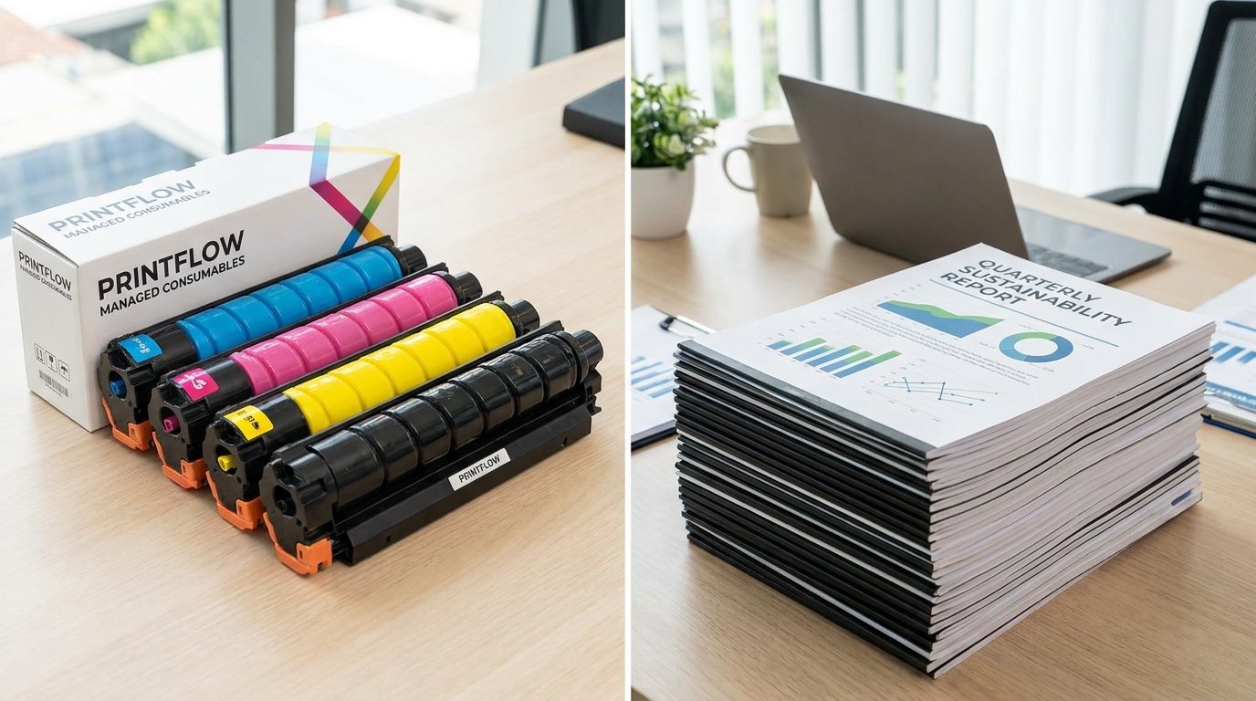 A side-by-side comparison of a colorful toner cartridge set and a stack of printed business reports on a clean desk, representing managed print consumables
