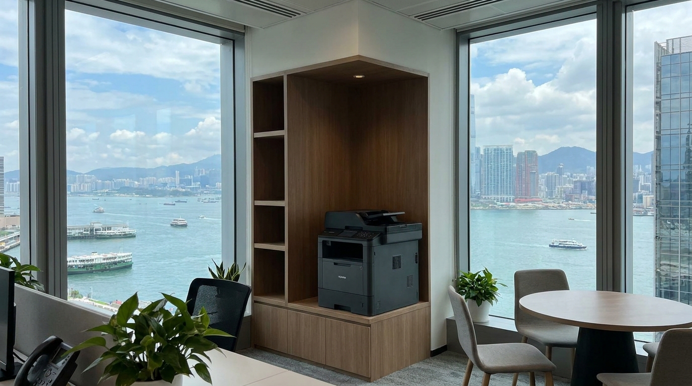 A modern Hong Kong office interior showing a sleek multifunction copier tucked efficiently into a compact corner space, with a panoramic view of Victoria Harbour out the window