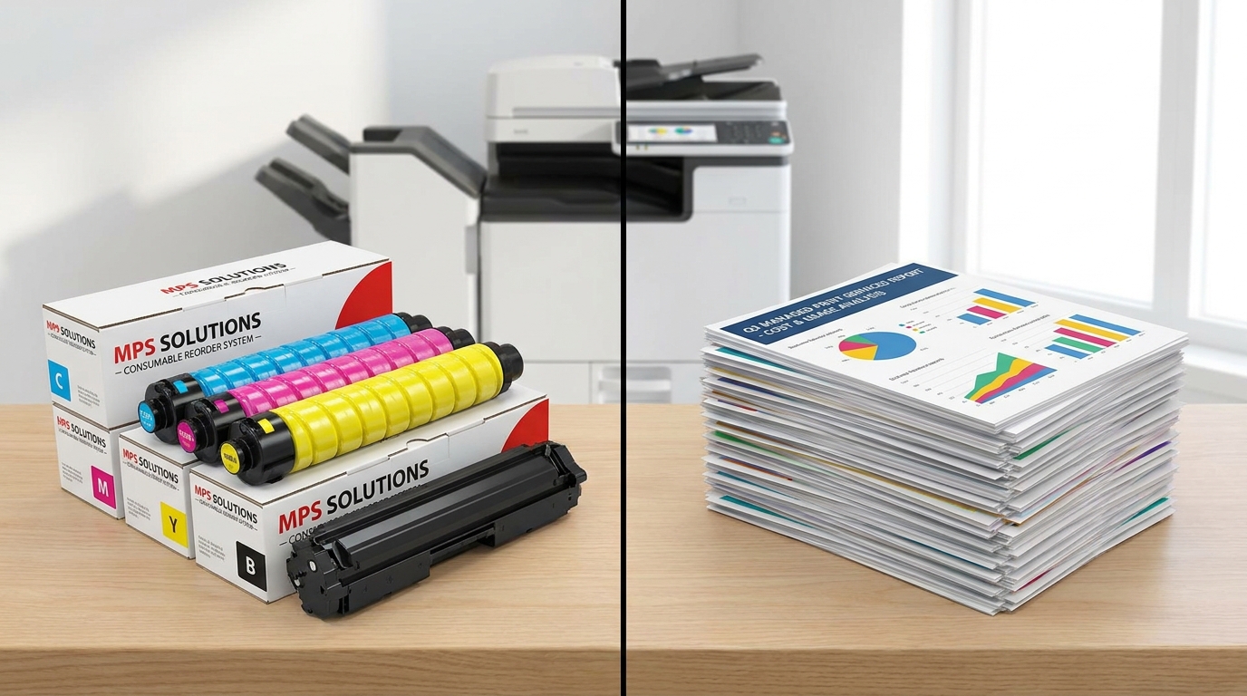 A side-by-side comparison of a colorful toner cartridge set and a stack of printed business reports on a clean desk, representing managed print consumables