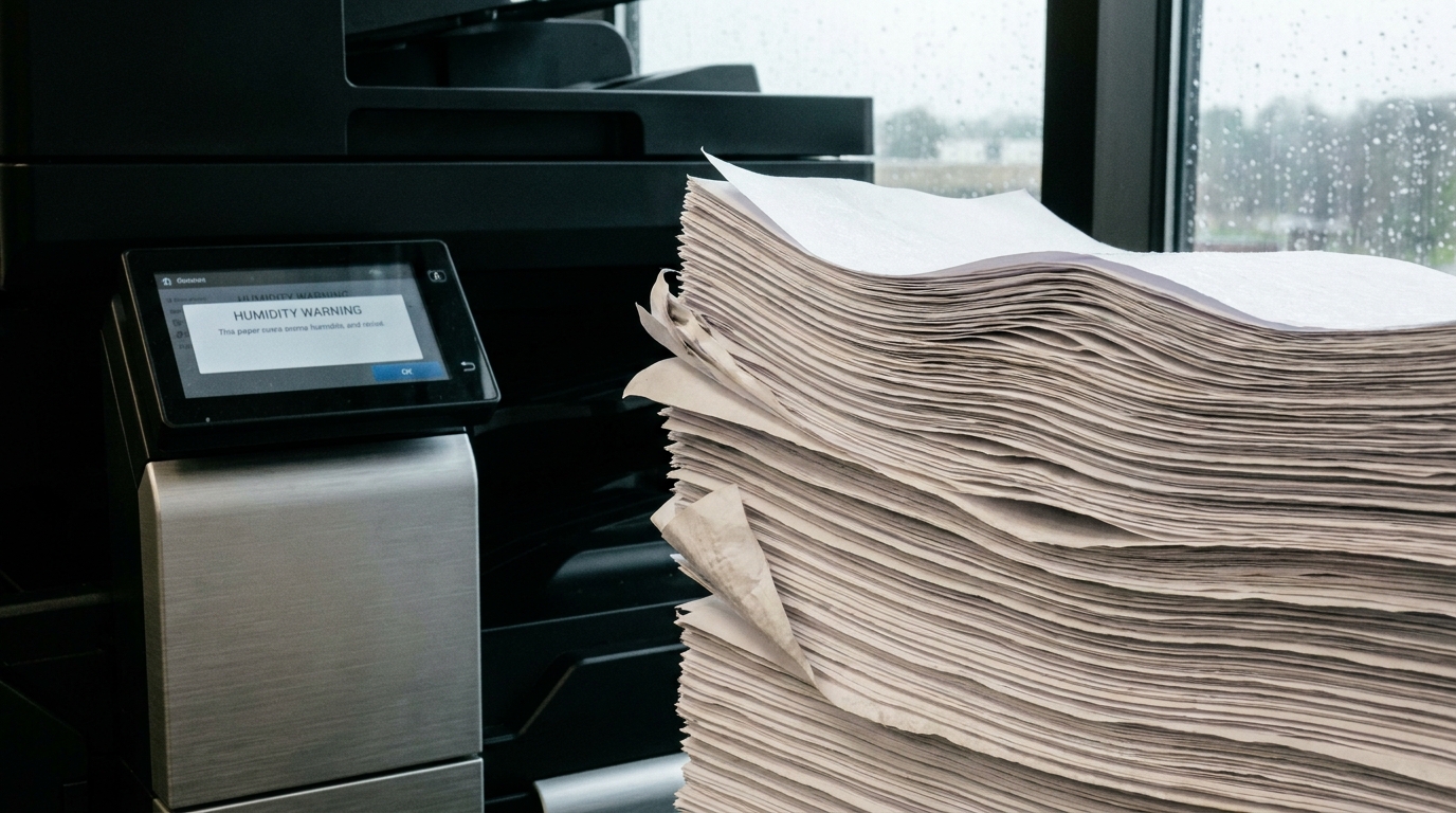 A close-up of a stack of office printer paper that has curled and wrinkled at the edges due to high humidity, sitting next to a sleek modern office copier