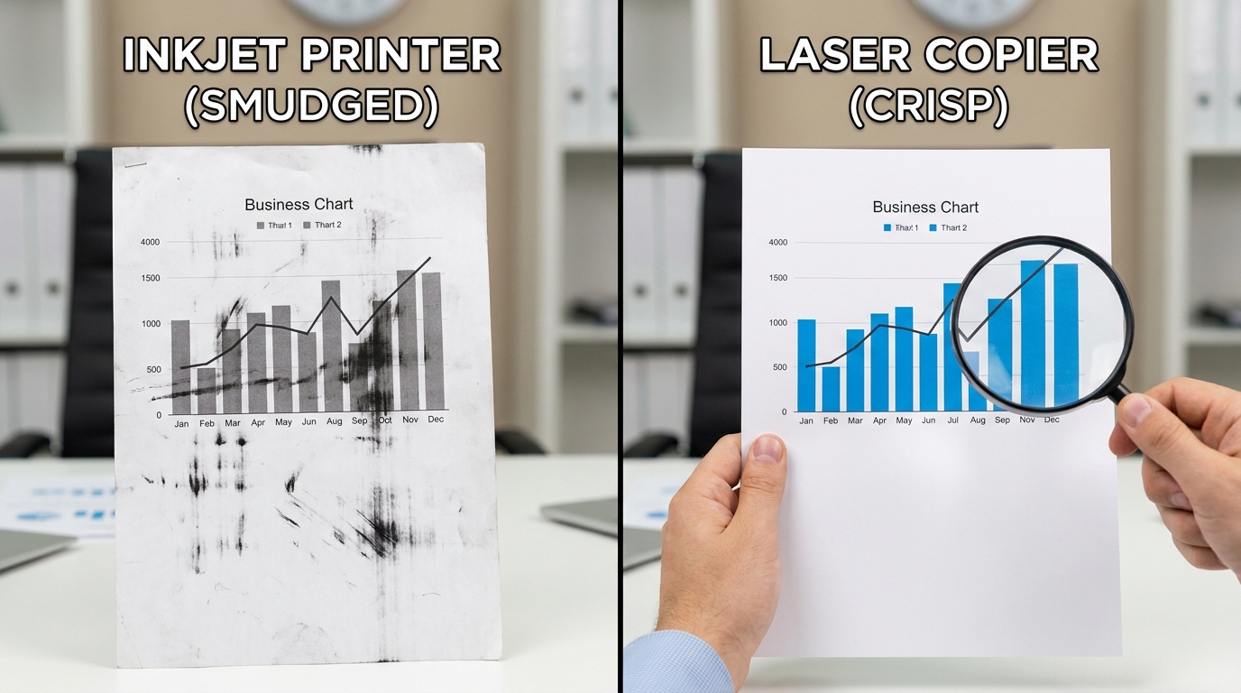 A split-screen comparison: on the left, a smudged and streaky printed document; on the right, a perfectly crisp and clear business chart printed by a laser copier