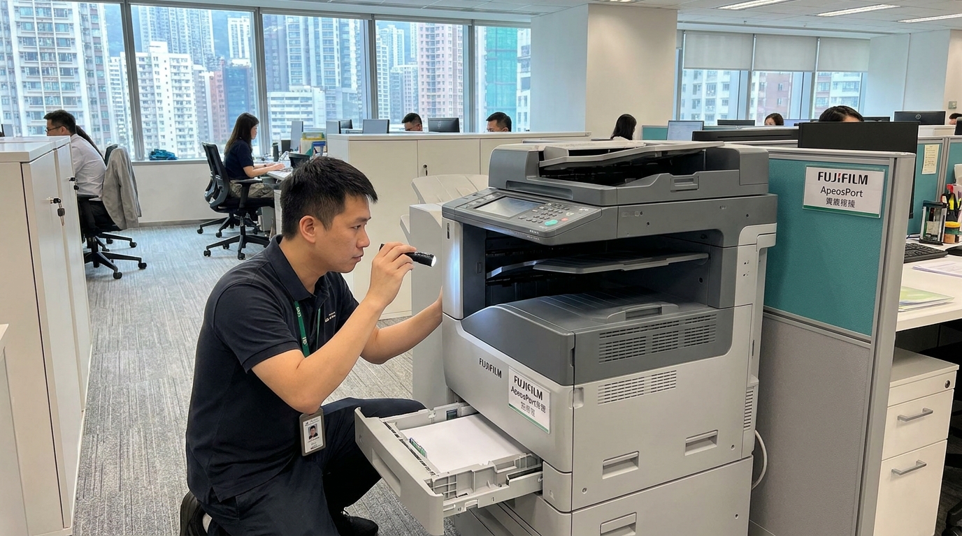 A professional IT technician in a Hong Kong office inspecting the open paper tray of a large multi-function FujiFilm or Canon copier, holding a flashlight to check for internal moisture