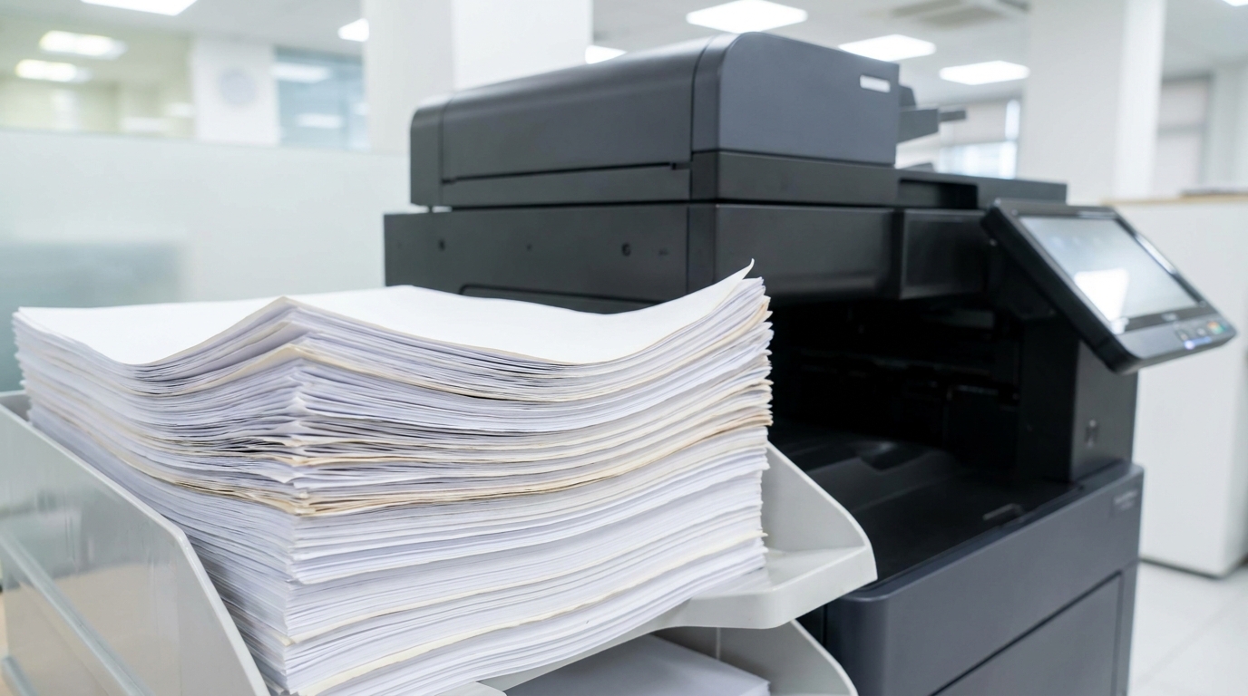A close-up of a stack of office printer paper that has curled and wrinkled at the edges due to high humidity, sitting next to a sleek modern office copier