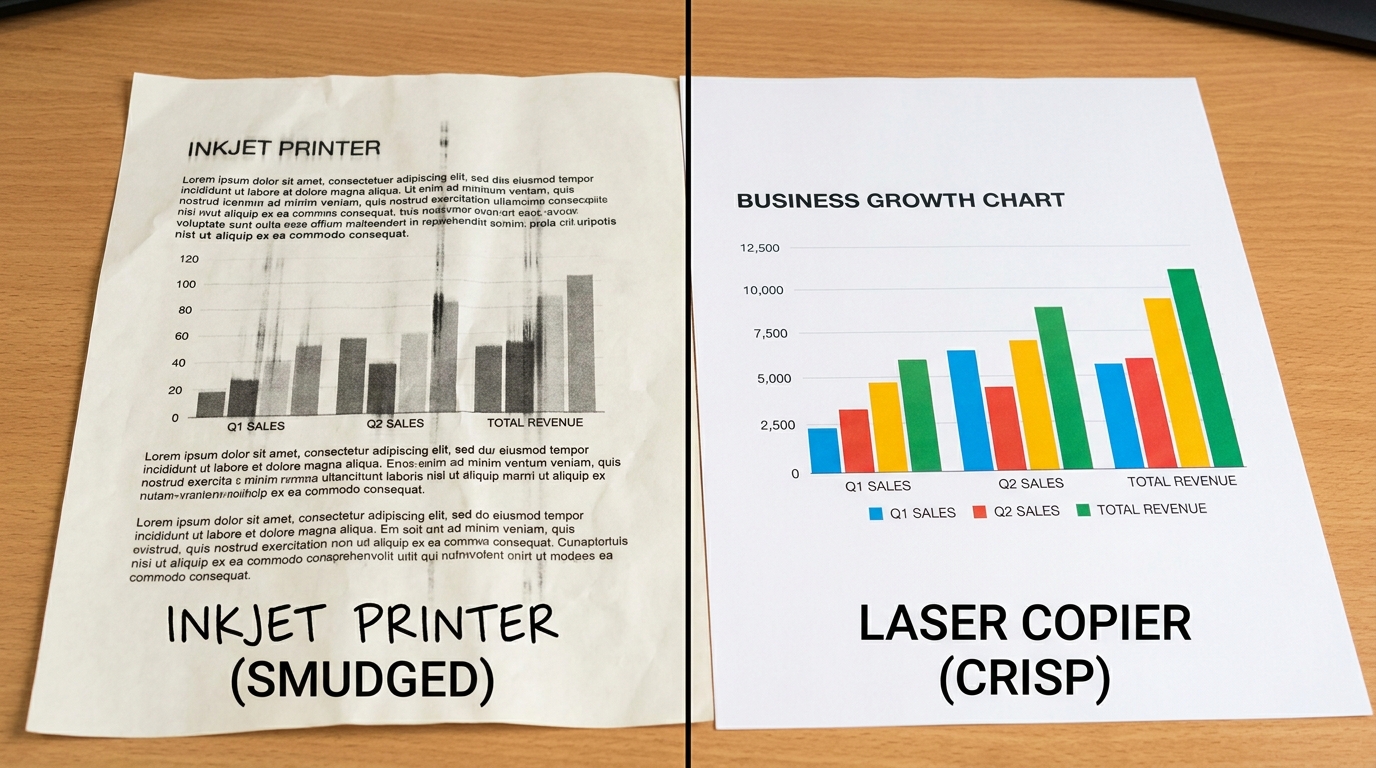 A split-screen comparison: on the left, a smudged and streaky printed document; on the right, a perfectly crisp and clear business chart printed by a laser copier
