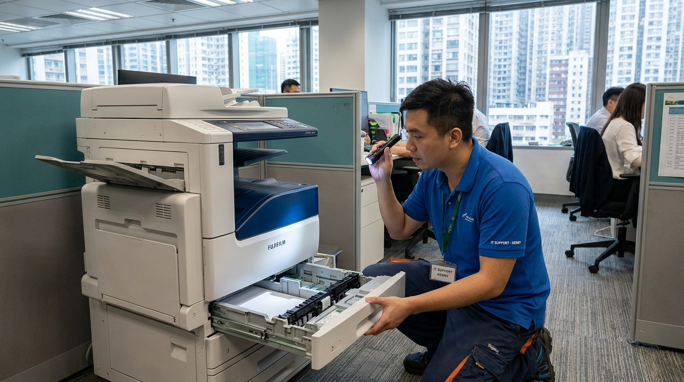 A professional IT technician in a Hong Kong office inspecting the open paper tray of a large multi-function FujiFilm or Canon copier, holding a flashlight to check for internal moisture