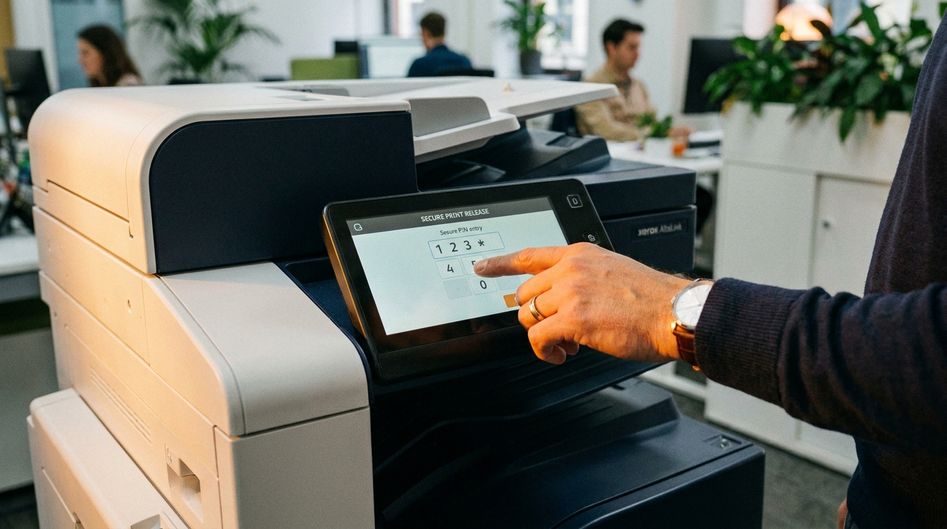 Close-up of an office worker's hand entering a secure 4-digit PIN code on the glowing touchscreen of a modern multifunction office copier to release a print job