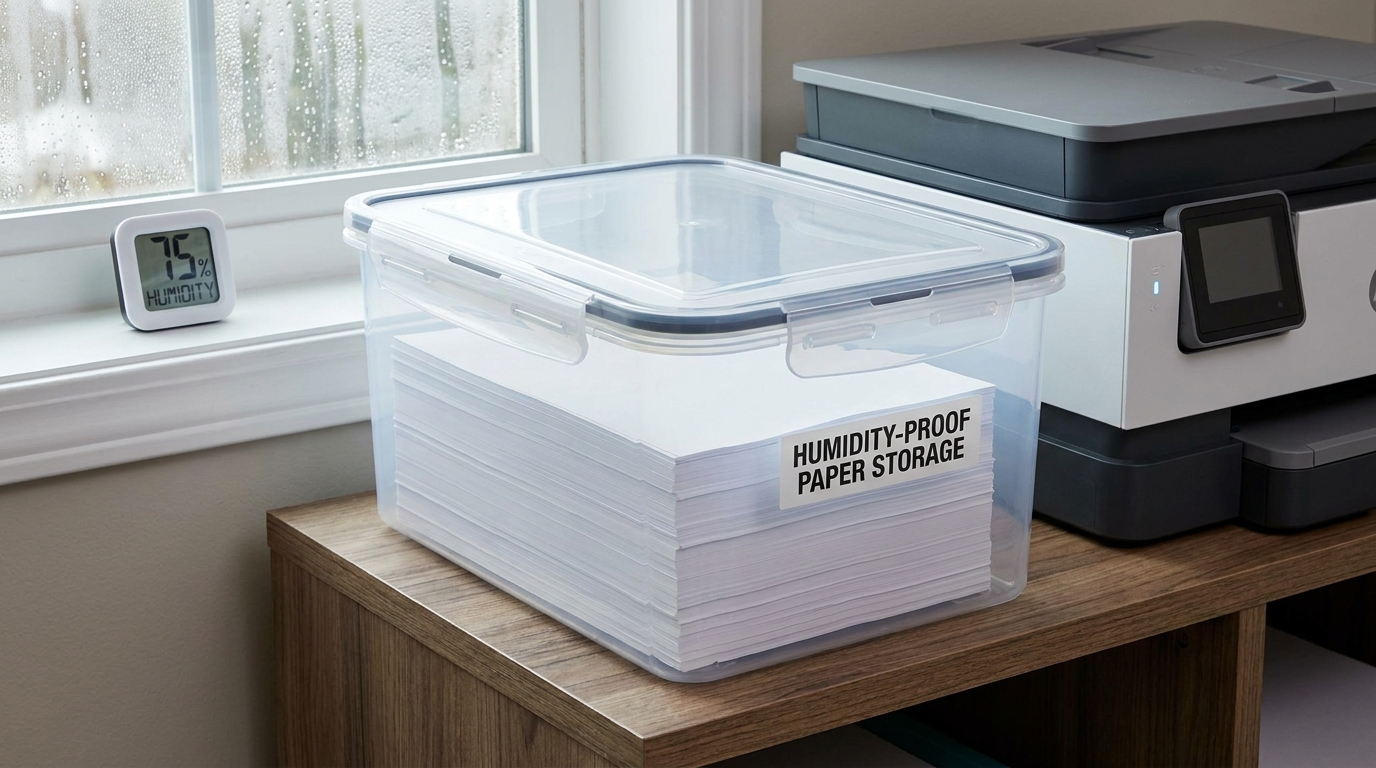 A neat stack of printer paper stored in a clear, moisture-proof plastic container next to a sleek office printer, illustrating proper storage against high humidity