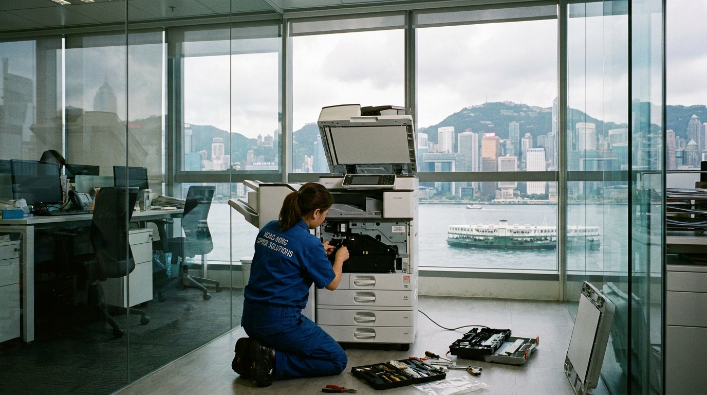 A professional technician in a uniform repairing a large office copier in a modern Hong Kong office, with the Victoria Harbour skyline subtly visible through the window