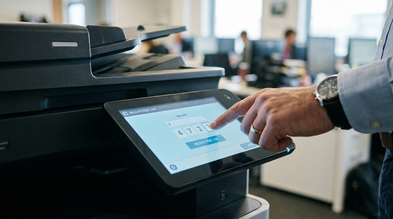 Close-up of an office worker's hand entering a secure 4-digit PIN code on the glowing touchscreen of a modern multifunction office copier to release a print job