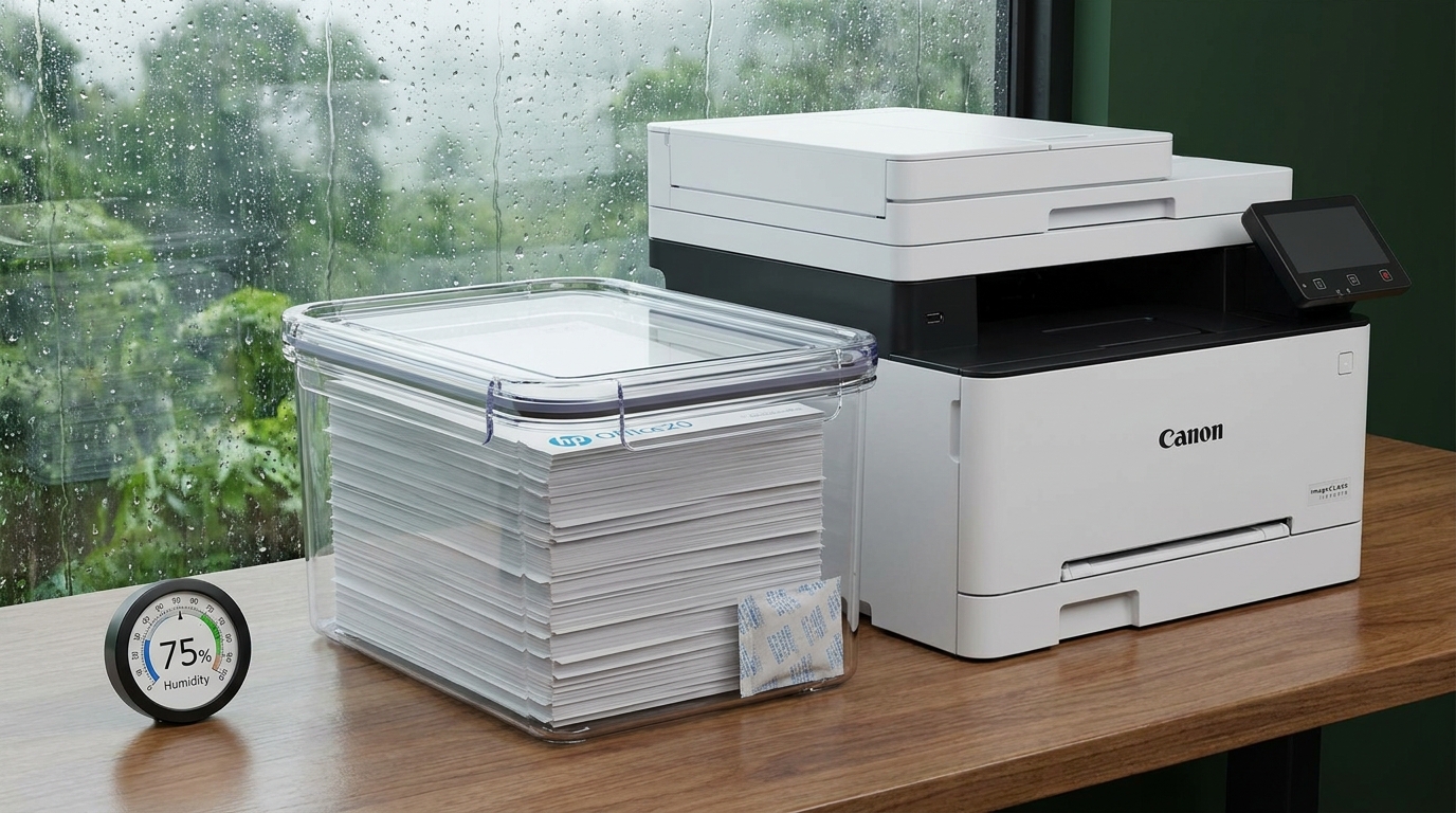 A neat stack of printer paper stored in a clear, moisture-proof plastic container next to a sleek office printer, illustrating proper storage against high humidity