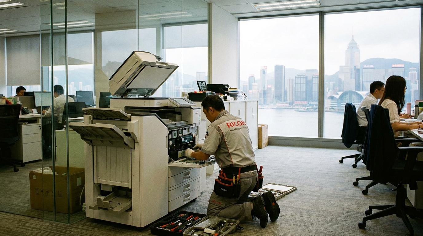 A professional technician in a uniform repairing a large office copier in a modern Hong Kong office, with the Victoria Harbour skyline subtly visible through the window